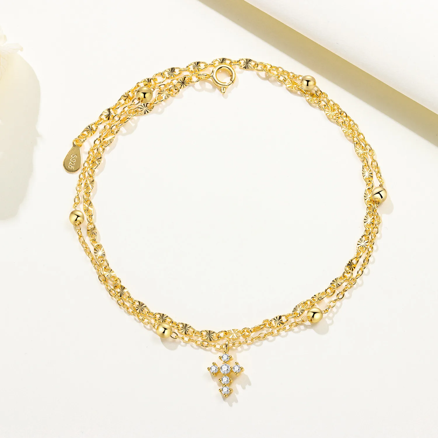 Orstarry S925 Sterling Silver Shining Double-layer Cross Ankle Chain Women Lady Ankle Bracelet Prom Foot Party Jewelry Gifts