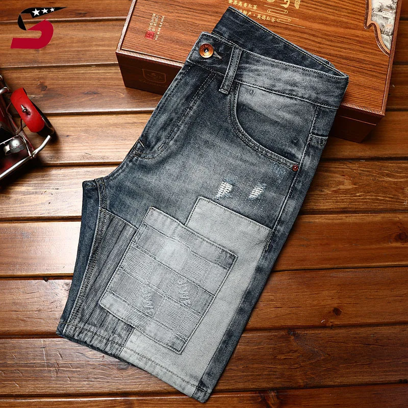 High-End Motorcycle Denim Shorts Men2024New Elastic Slim Fit Summer Fashion Brand Hole & Patch Casual Fashionable Fifth Pants