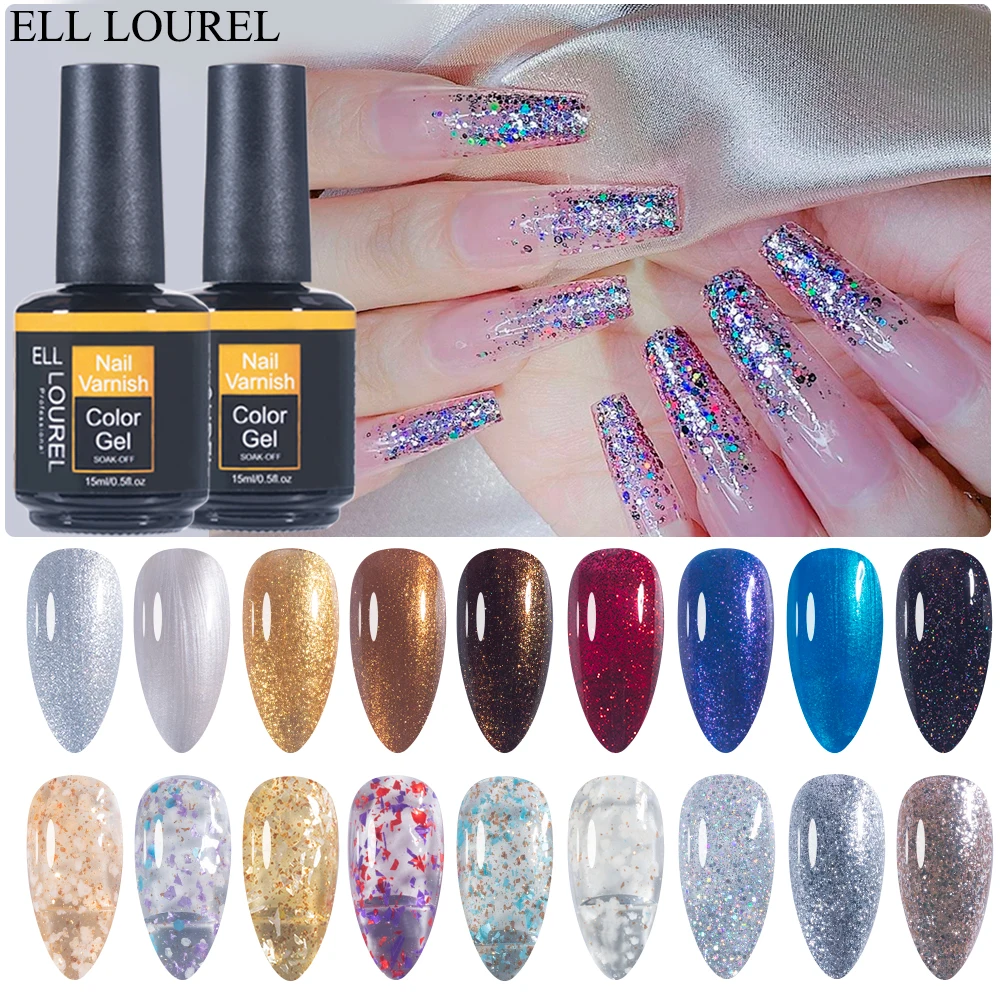 

ELL LOUREL Glitter Gel Nail Polish 15ML UV Top Quality Gold Silver Flakes Flash Korean Gellak Hybrid Gel Varnish Lacquer Shimmer