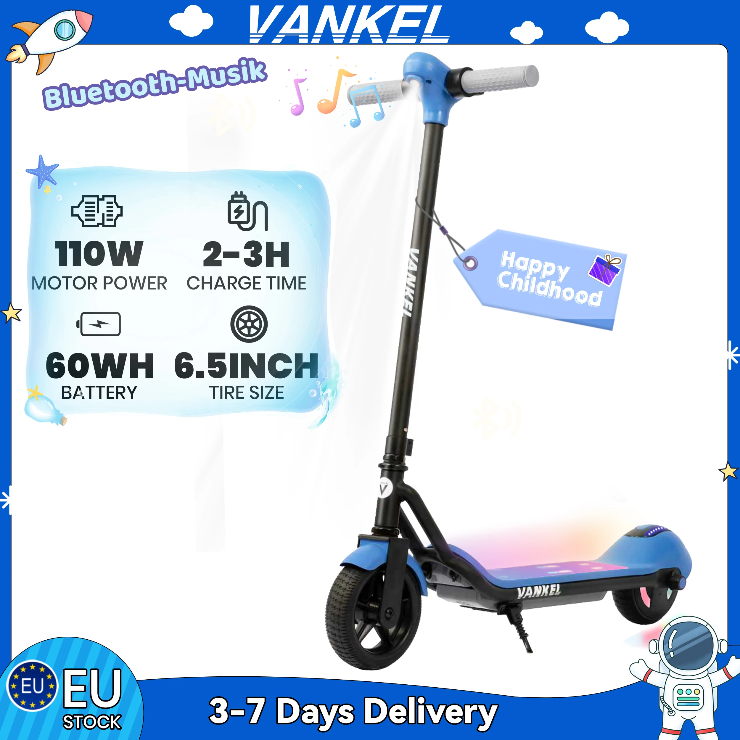 Vankel 6,5 pouces enfants Scooter électrique pour garçon et fille avec Bluetooth arc-en-ciel lumières 8-10 km portée LCD écran enfants Scooter