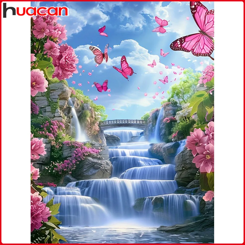 Huacan Diamantmalerei Wasserfall Blumen Schmetterling Diamant-Mosaik Landschaft Neue Kollektion Bild aus Strasssteinen
