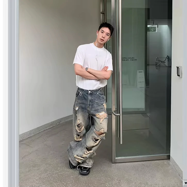 

American Retro Ripped Washed Jeans Men's And Women's Loose Straight Wide-leg Trousers