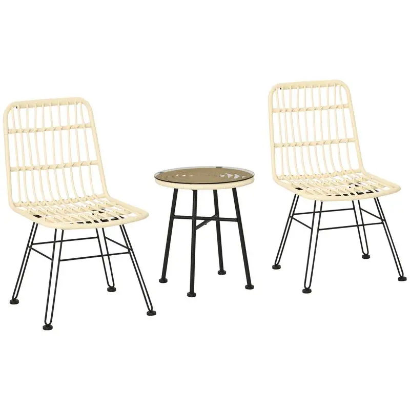 Ensemble bistrot de jardin 3 pièces : 2 chaises + table basse ronde en verre trempé, 2 coussins zippés amovibles en polyester, résine tressée PE, métal galvanisé Ø 45 x 50 cm, crème