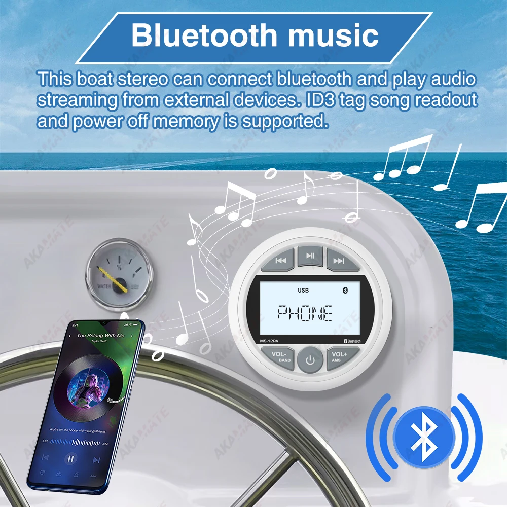 AKAMATE tekne radyo FM AM alıcı deniz medya MP3 çalar su geçirmez ATV UTV SPA RZR Stereo multimedya için Bluetooth AUX USB