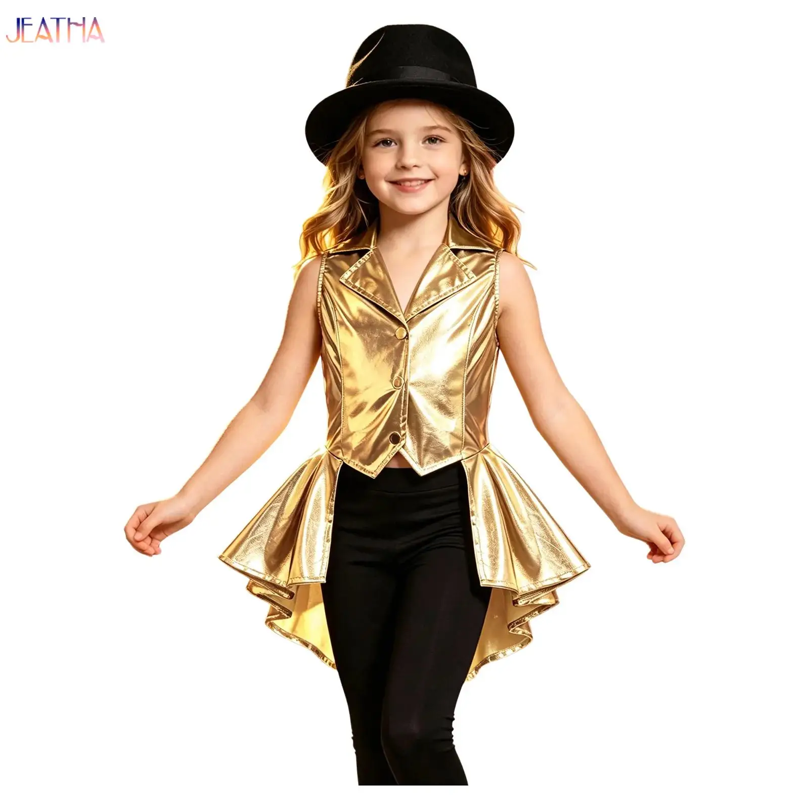 Kids Boys Girls Metallic Jacket Lapel Collar Sleeveless Asymmetric Ruffled Waistcoat Peplum Top for Performances Magic Show Wear