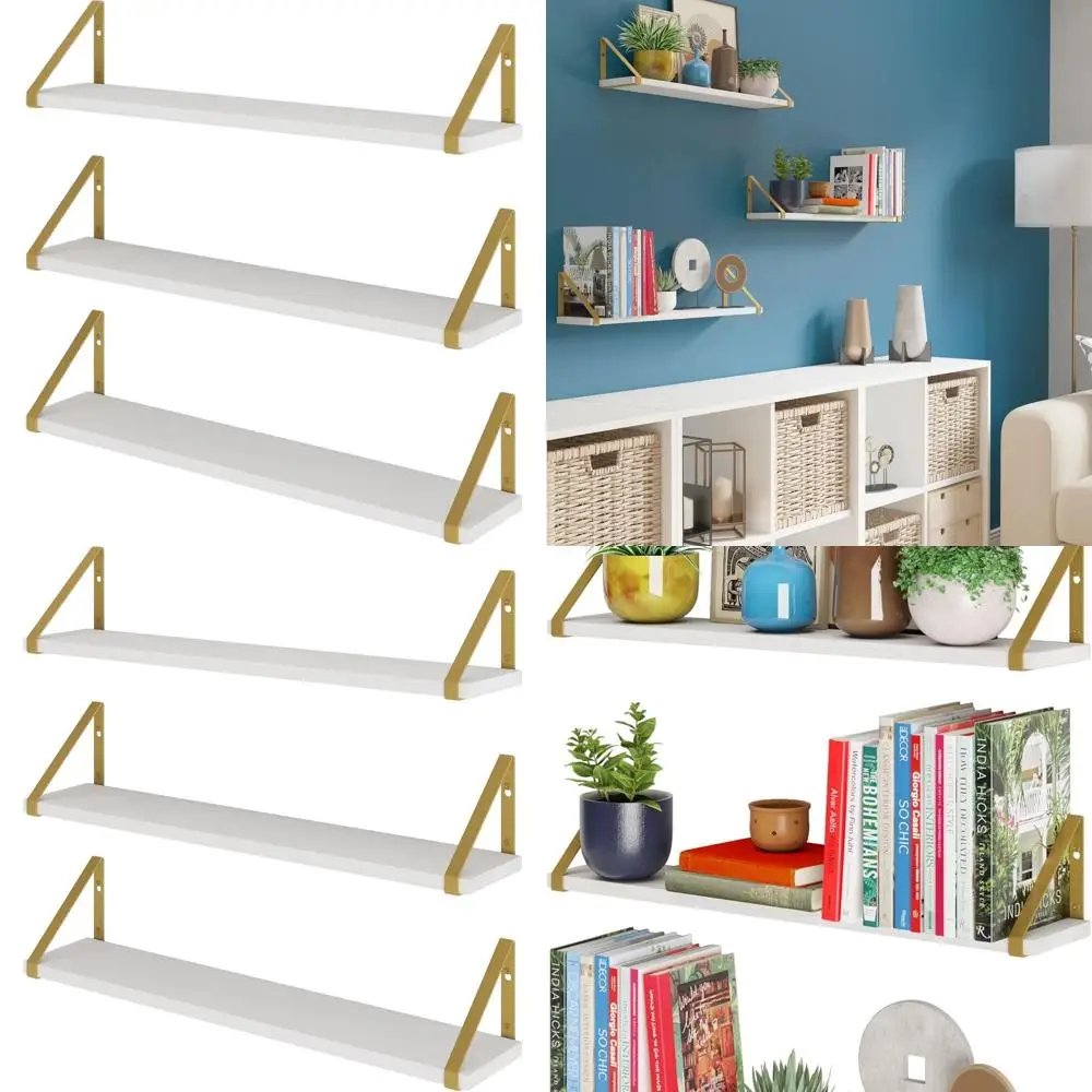 

Gold Brackets White Floating Shelves Set of 3, Suitable for Living Room, Bedroom, Bathroom, and Home Office Decor