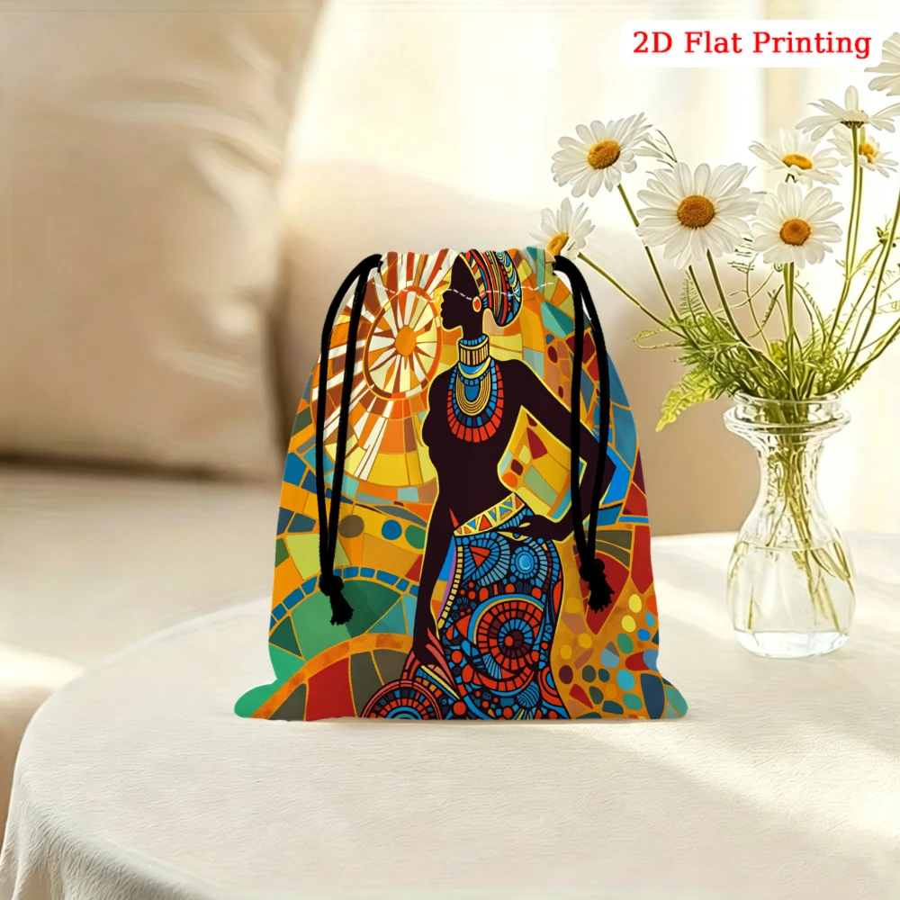 1pc African Woman Print Drawstring Bag Multicolor Geometric Pattern Storage Small Pouch For Travel Cosmetics Jewelry Organizatio