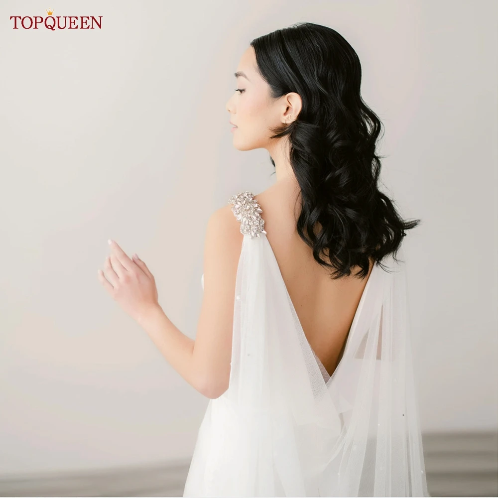 TOPQUEEN G64 ślubne długie welony ślubne bolerko kurtka Trailing Pearl Cape Veil katedra długie Bridal Wrap z koralikami szpilki