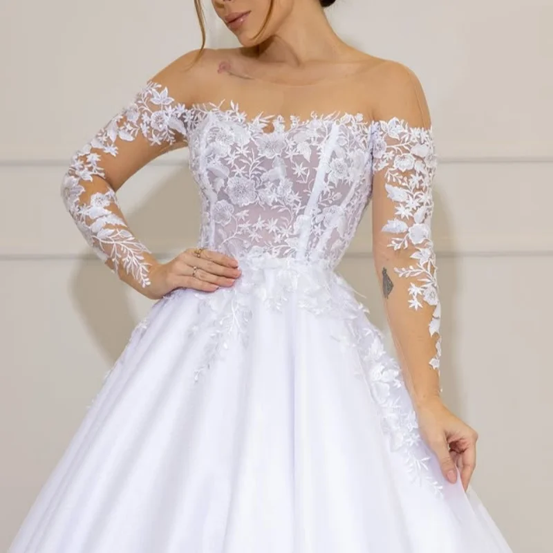 

simple white flower Appliques long sleeves Wedding Dresses Sequin off-shoulder Bridal Gowns Made Customized