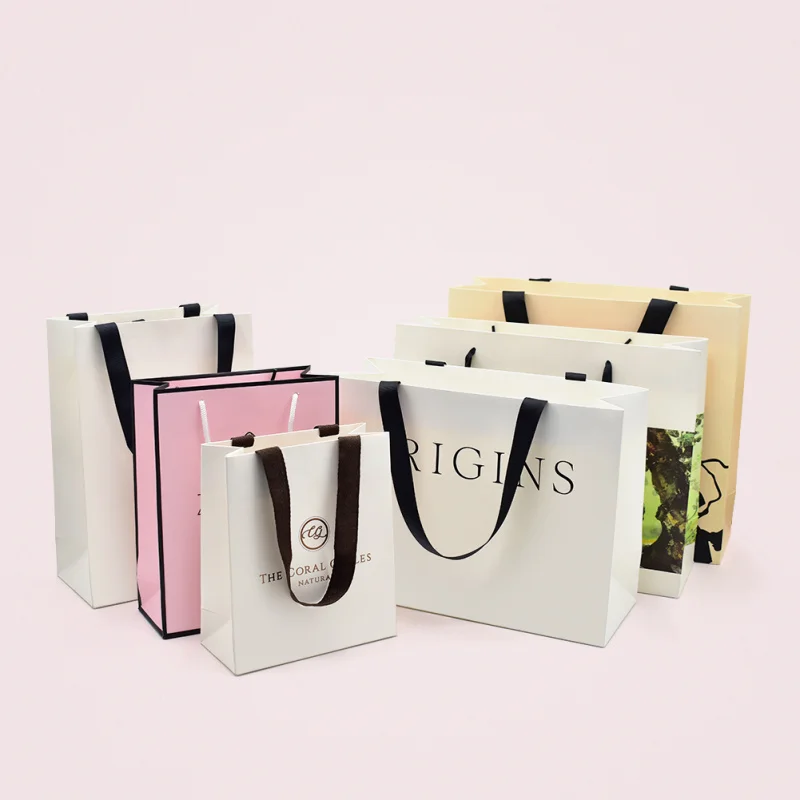 custom.Boutique Custom Cardboard Paper Bag Black White with Ribbon Handles Clothing Jeans Shoes Featuring Screen Print