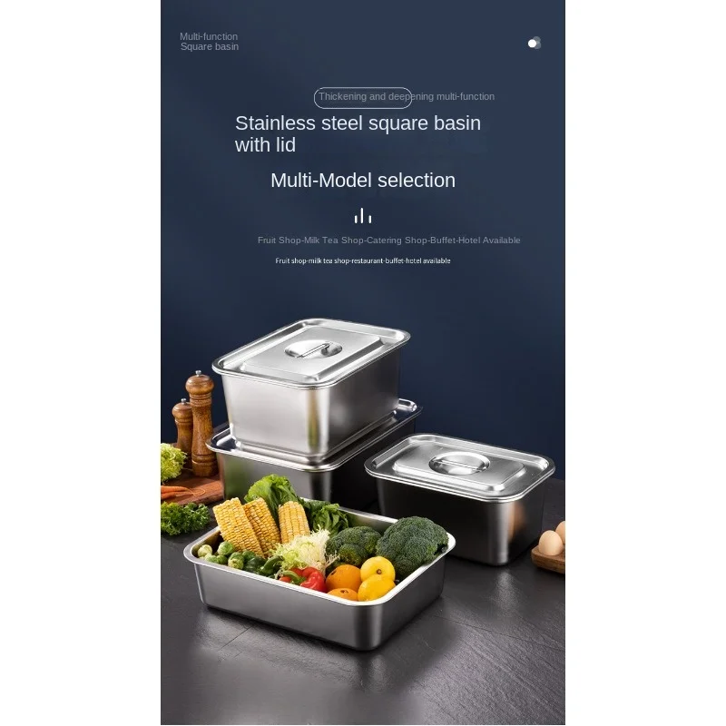 Stainless Steel Rectangle Storage Tray Deepened Serving Dishes Buffet Fruits Plates Square Freezer Basin Kitchen Accessories