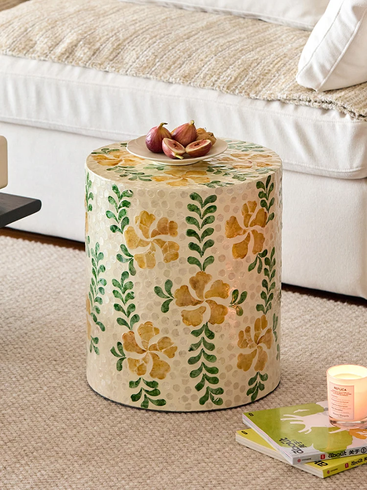 Luxury Natural Shell Handmade Collage Tea Tables Art Decoration Living Room Bedroom Shoe Stool Sofa Side Tea Table Furniture
