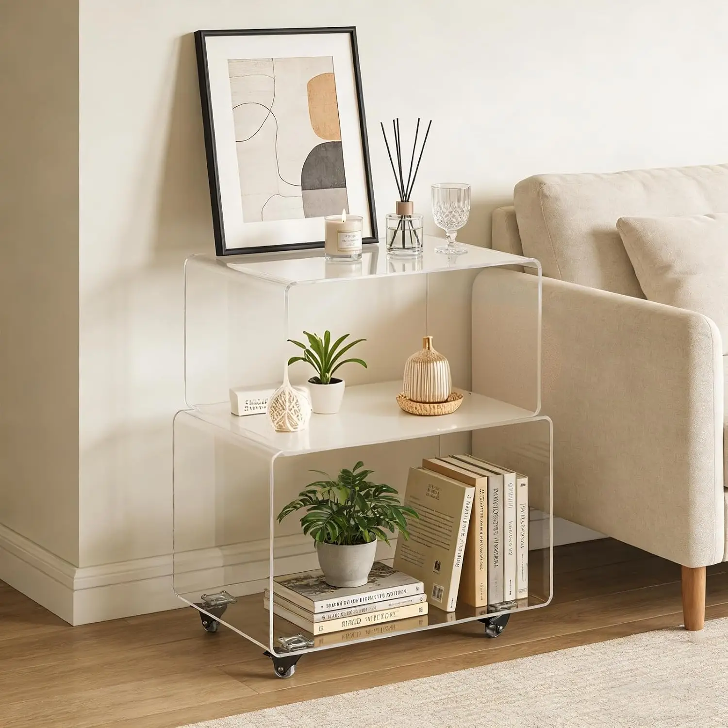 Acrylic 3-Tier Rolling Cart, Clear Storage for Kitchen Bathroom Laundry, Mobile Side Table with Lockable Casters, Customized