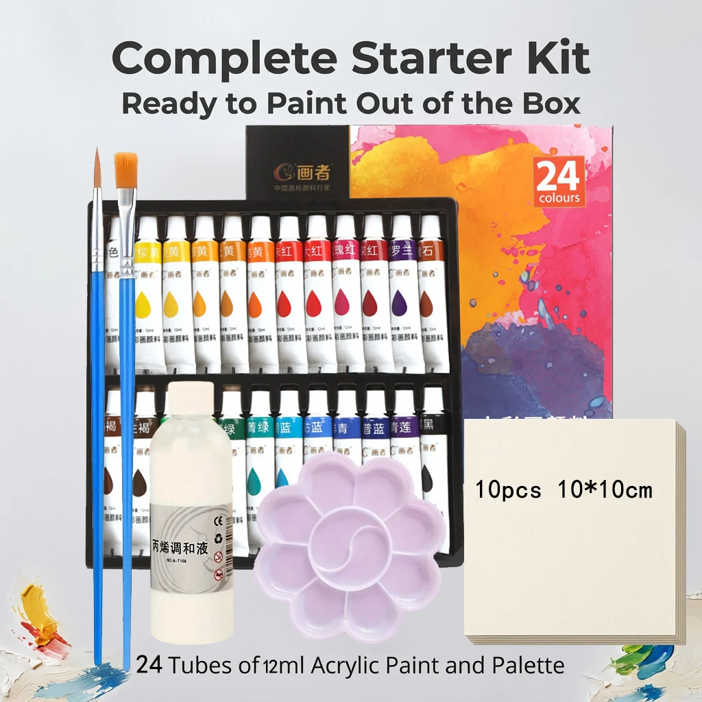 12/18/36 Colors 12ml Watercolor Paint Set with Palette 10 Sheets Watercolor Paper Acrylic Blending Liquid 2 Oil Painting Brushes