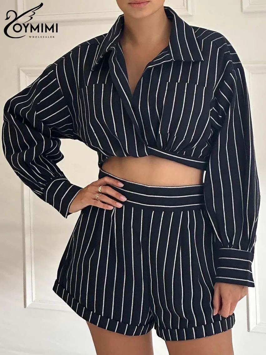 

Oymimi Causal Black Print Women 2 Piece Set Outfit Elegant Lapel Long Sleeve Pockets Shirts And High Waisted Shorts Female Sets