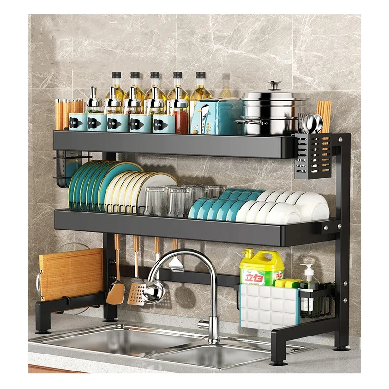 Black double tier Steel shelf dish drainer racks with utensils holder and tray storage rack