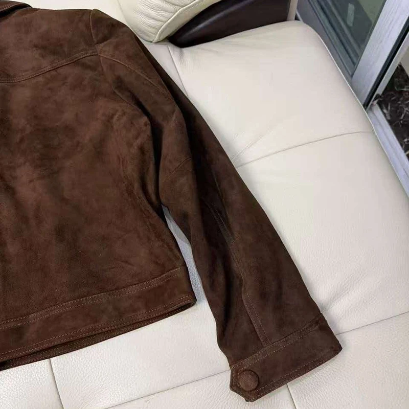 Autumn Outerwear Women’s Kid Suede Leather Jacket Lapel Tooling Wind Single Breasted Casual Long Sleeve Short Silm Leather Coat