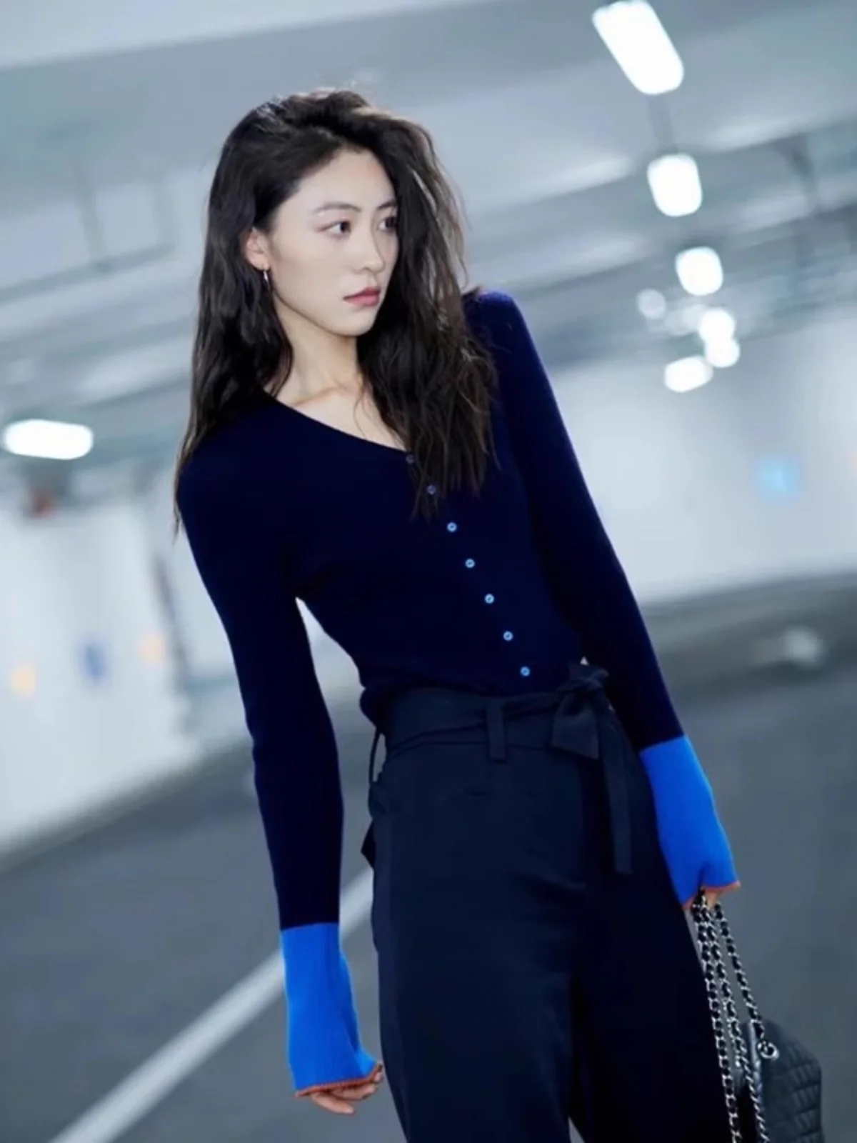 Elegant Blue Women's Knitted Top Base Layer Autumn Fashion Small Size Open Cardigan High-End Feeling Korean Style Slim Fit