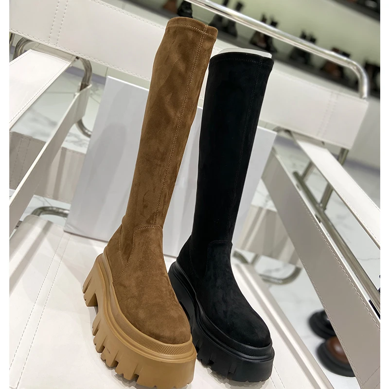 Brown Black Solid Suede Knee Boots Thick Platform Sole Long Boots Round Toe Woman Sheep Leather Winter Knight Boots