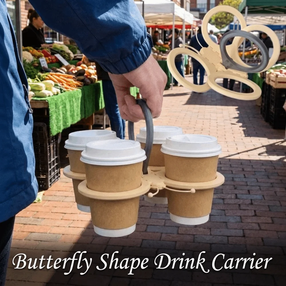 Plastic Butterfly Shape Drink Carrier Anti Scalding Folding Folding Cup Holder with Handle Reusable 4-cup Coffee Carrier