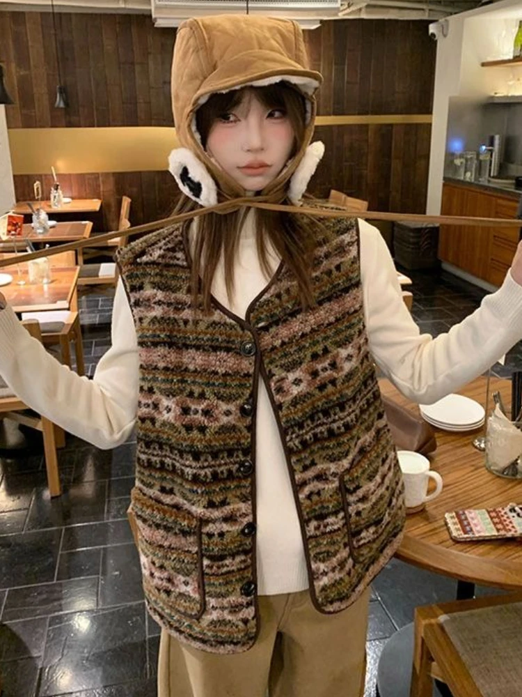 

French Vintage Vests O Neck Sleeveless Jacquard Pockets Single Breasted Coats Casual Loose Jackets Warm Thicke Women's Clothing