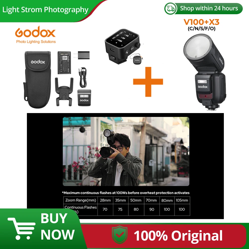 

Godox V100 TTL HSS Li-ion Round Head On-Camera Flash Light 100Ws Wireless Transmission Speedlite Flash for Canon Nikon Sony Fuji