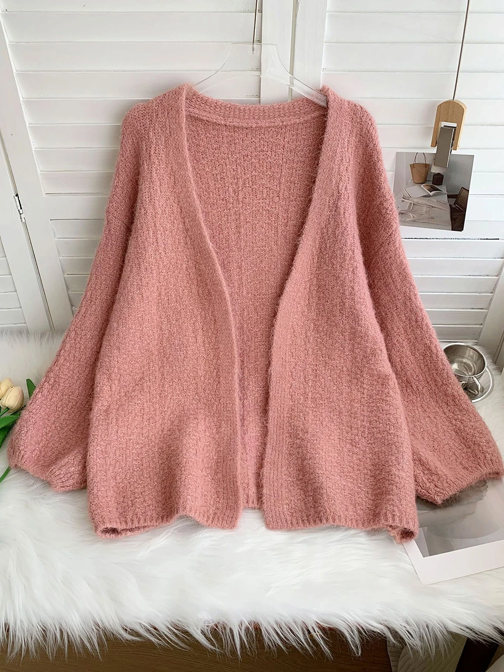 

Женский вязаный кардиган в корейском стиле, осень-зима, новый свободный мягкий однотонный свитер с рукавами-фонариками, ленивый свитер большого размера, верхняя одежда