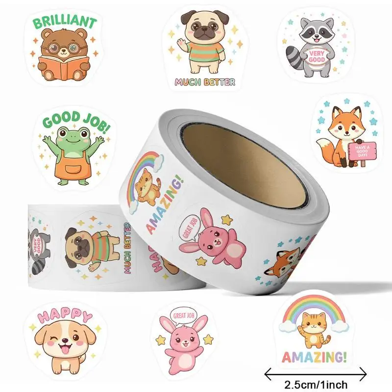 Cartoon Animal Encouragement Roll Stickers Self Adhesive Waterproof Reward Decals Teacher Classroom DIY Scrapbook Journal Decor