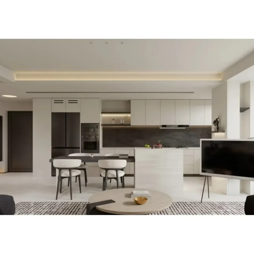 Modern Minimalist L-Shaped Kitchen Cabinets Integrated Stone Slab Island Dining Table Customizable Sizes Colors for Large