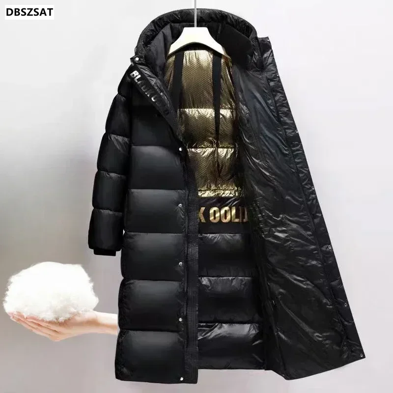 New Black Gold Seven Grid  White Duck Down Jacket Thickened Women\'s Winter Plus Long  Solid Color Men  Lovers Coat Hooded Warm