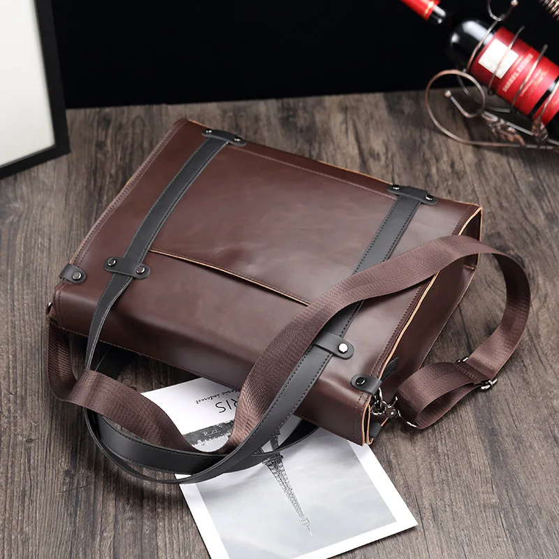 New Vintage Large Capacity Crazy Horse Leather Briefcase Business Single Shoulder Crossbody Bag Men's Tote Bag Casual Lawyer Bag