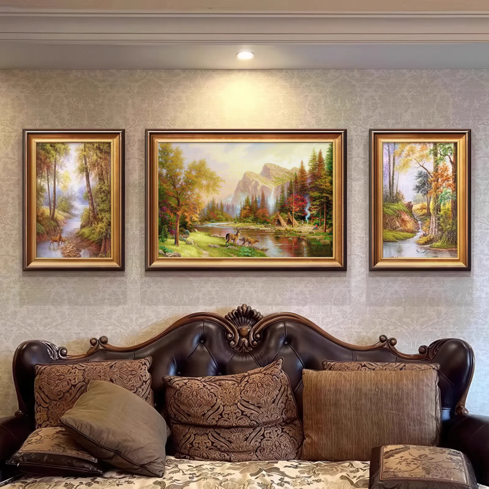 Living room mural sofa background wall decorative painting Sanlian landscape cornucopia European handmade three-dimensional oil