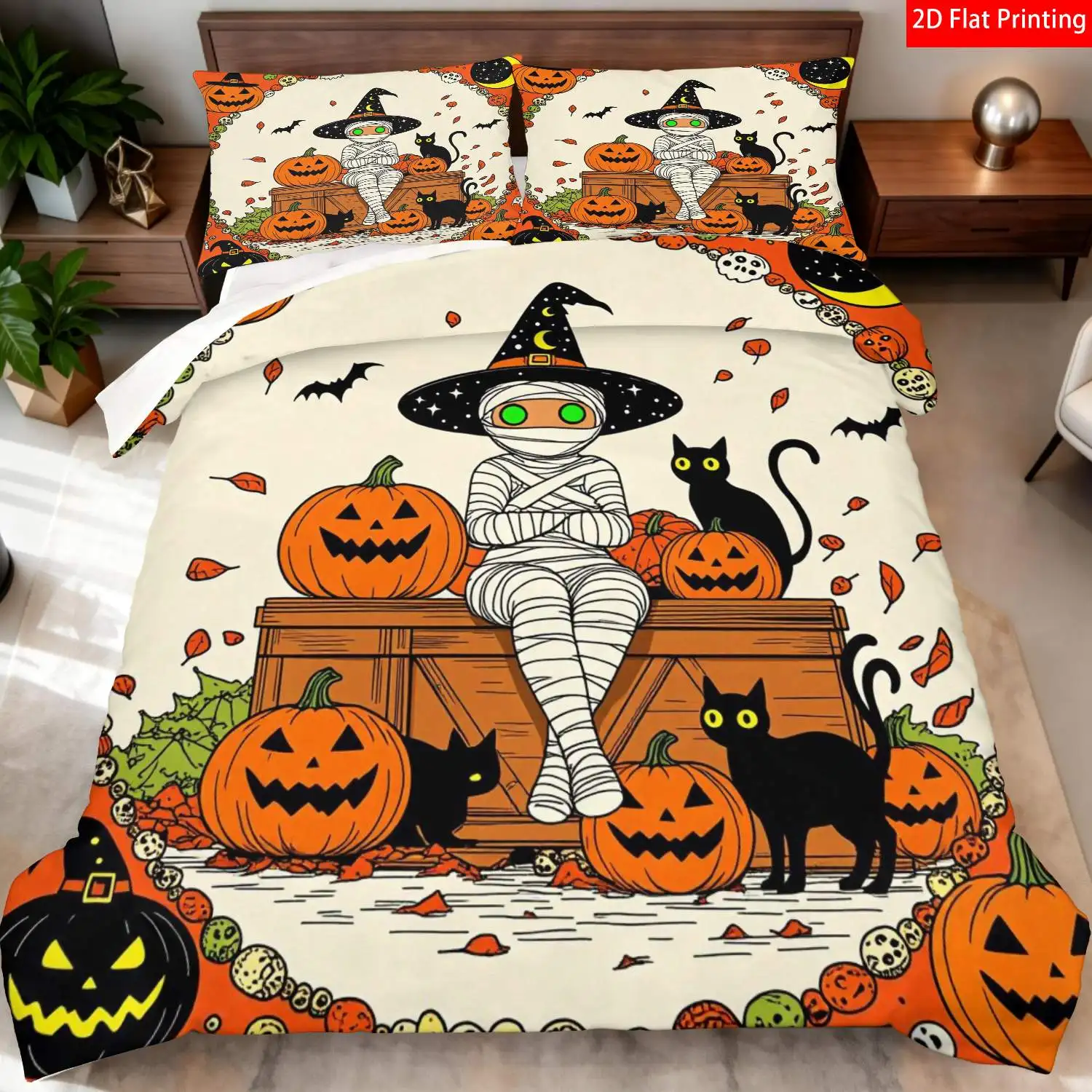 Halloween Duvet Cover Set 3Pcs Pumpkin Witch Cat Bat Moon Pattern Bedding Set Orange Black Machine Washable Quilt