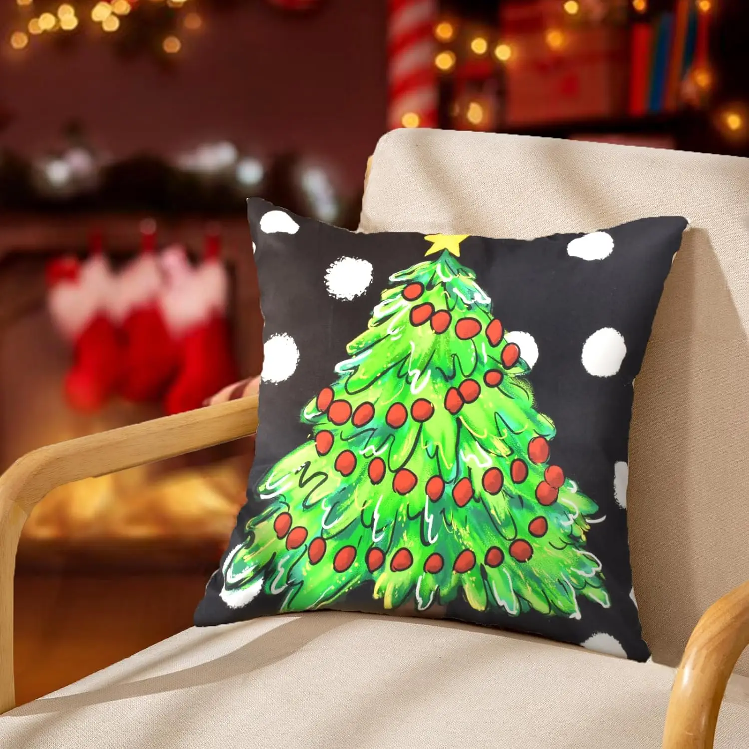 Christmas Throw Pillow Covers，Red Green Christmas Tree Santa, Winter Holiday Couch Sofa Seasonal Pillowcases Dot Christmas Tree