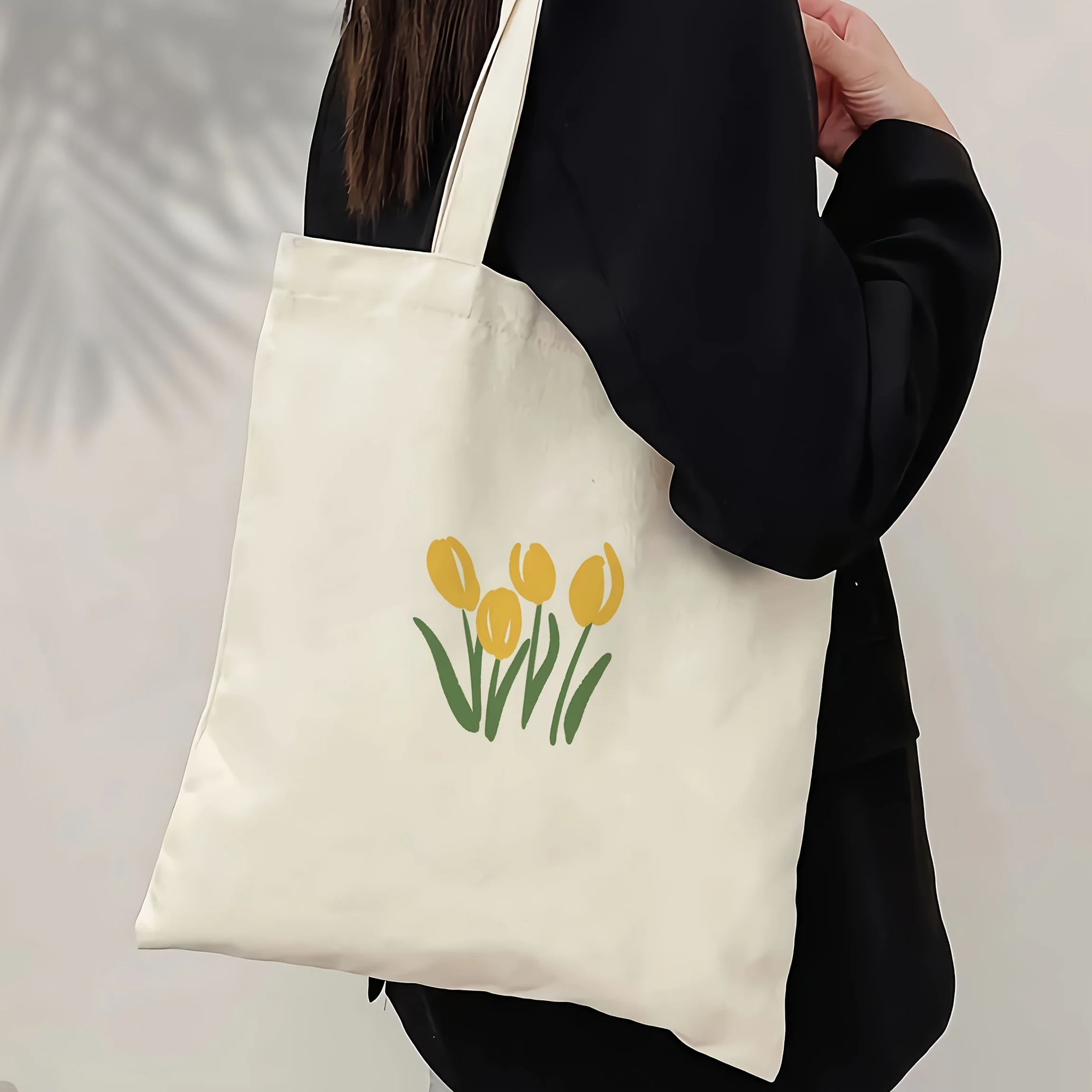 Yellow Tulip Print Tote Bag - Large Capacity, Reusable Shopping And Beach Shoulder Bag, Casual Grocery Tote, with Bright Floral