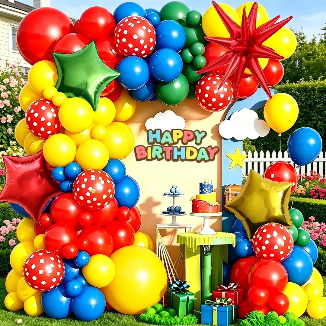 106-teiliges Ballondekorations-Set, einschließlich roter Exploding-Star-Ballons, roter, blauer, gelber und grüner Latexballon-Bogen-Girlande, 3 Stern-Folienballons, Geburtstagsbanner, erhältlich in verschiedenen Größen, geeignet für Geburtstagsfeiern, Superhelden-Themenpartys, Cartoon-/Videospiel-/Helden-Themenveranstaltungen, Weihnachten und andere Anlässe – Detail 3