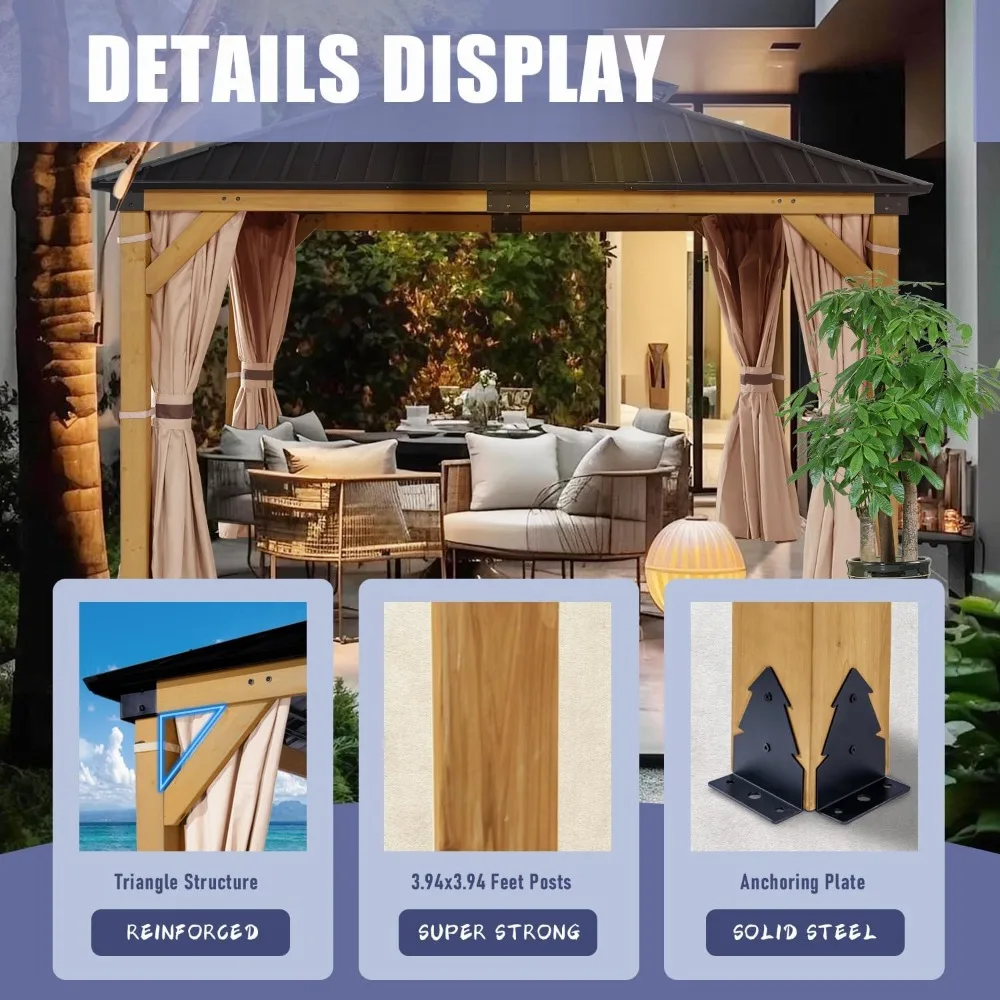 10'x12' Wood Gazebo,Patio Cedar Wood Gazebo with Mosquito Netting and Curtains, Galvanized Steel Hardtop Pavilion for Outdoor,