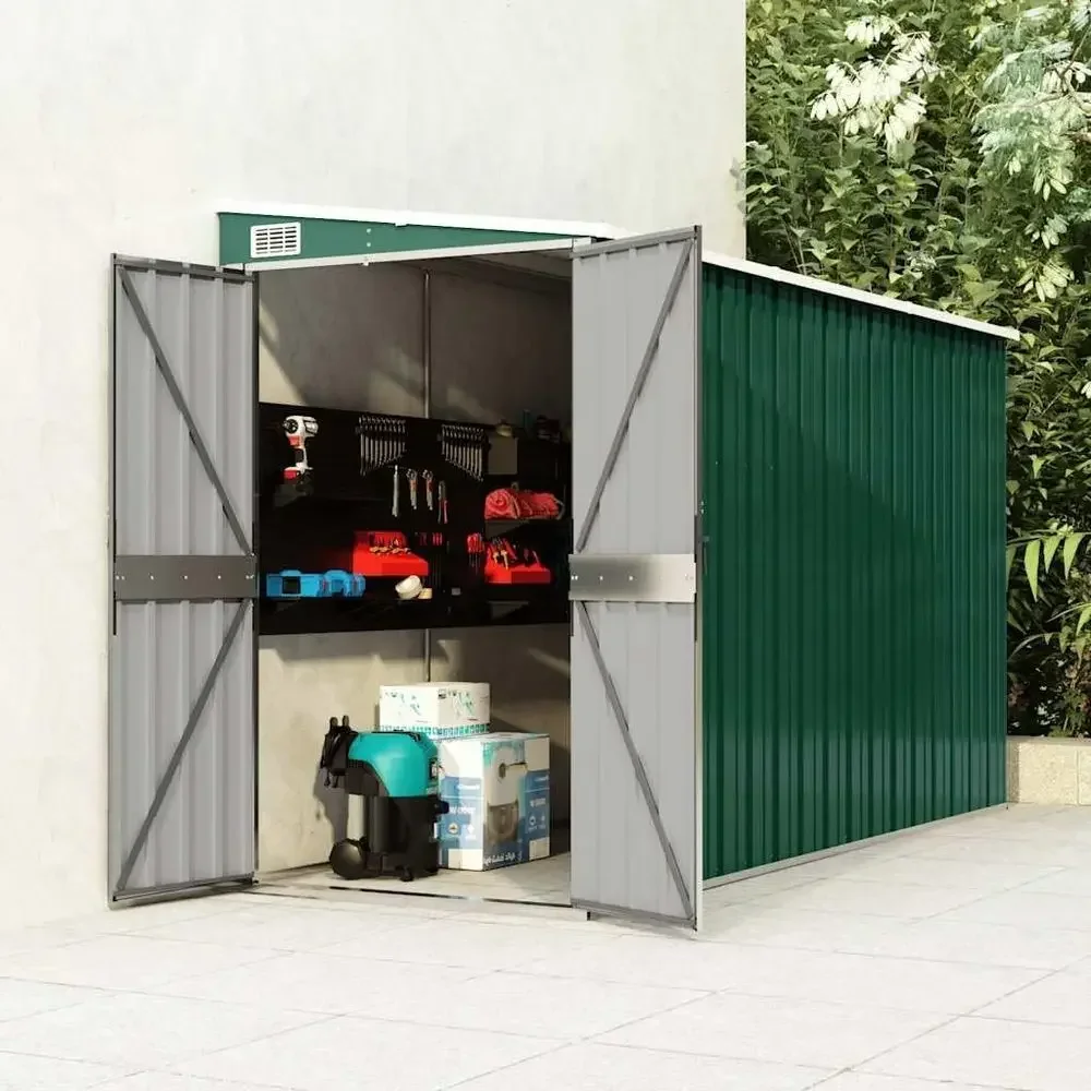Green Durable Galvanized Steel Wall-Mounted Garden Shed with Easy Double Door Access, 46.5x113.4x70.1