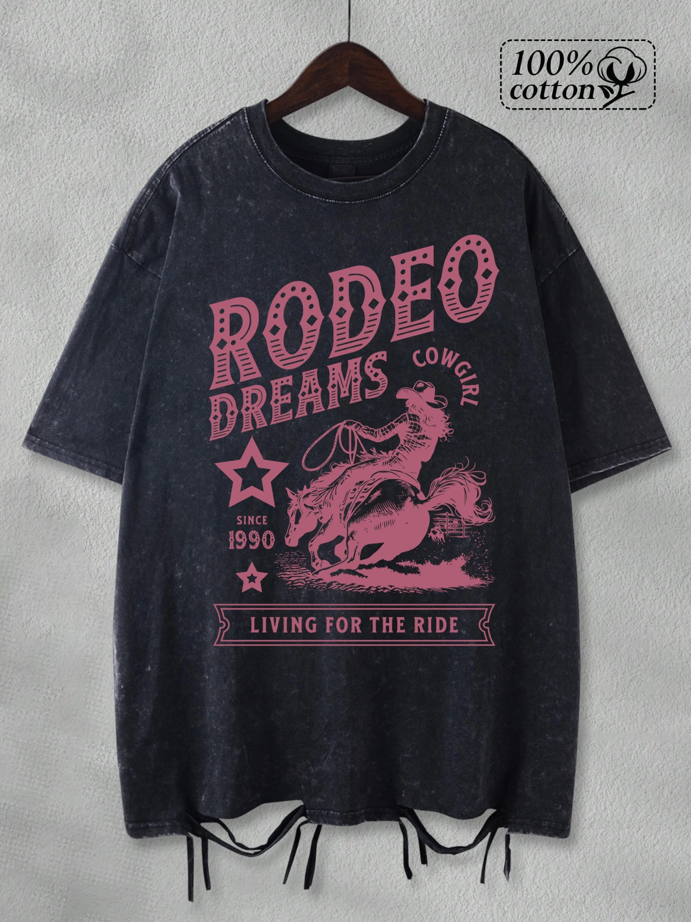 

Rodeo Dreams Cow Girl Lving For The Ride Print Male Washed Holes T-Shirt Summer All-Match Clothes Cotton Loose T Shirts Soft Top
