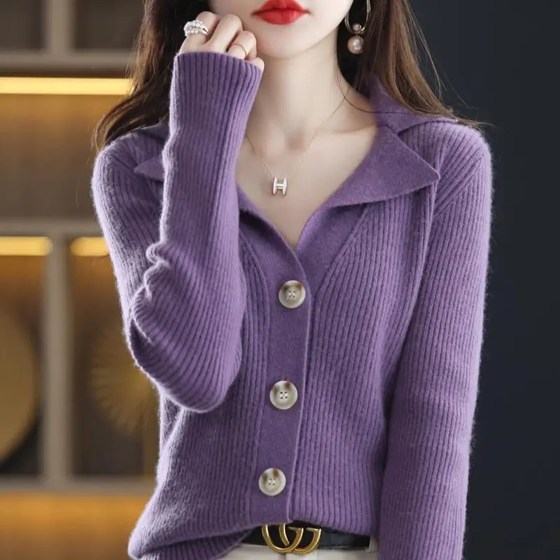 Autumn Winter Women\'s Pullover V-Neck Button Solid Screw Thread Turn-down Collar Long Sleeve Slim Sweater Knit Coat Casual Tops