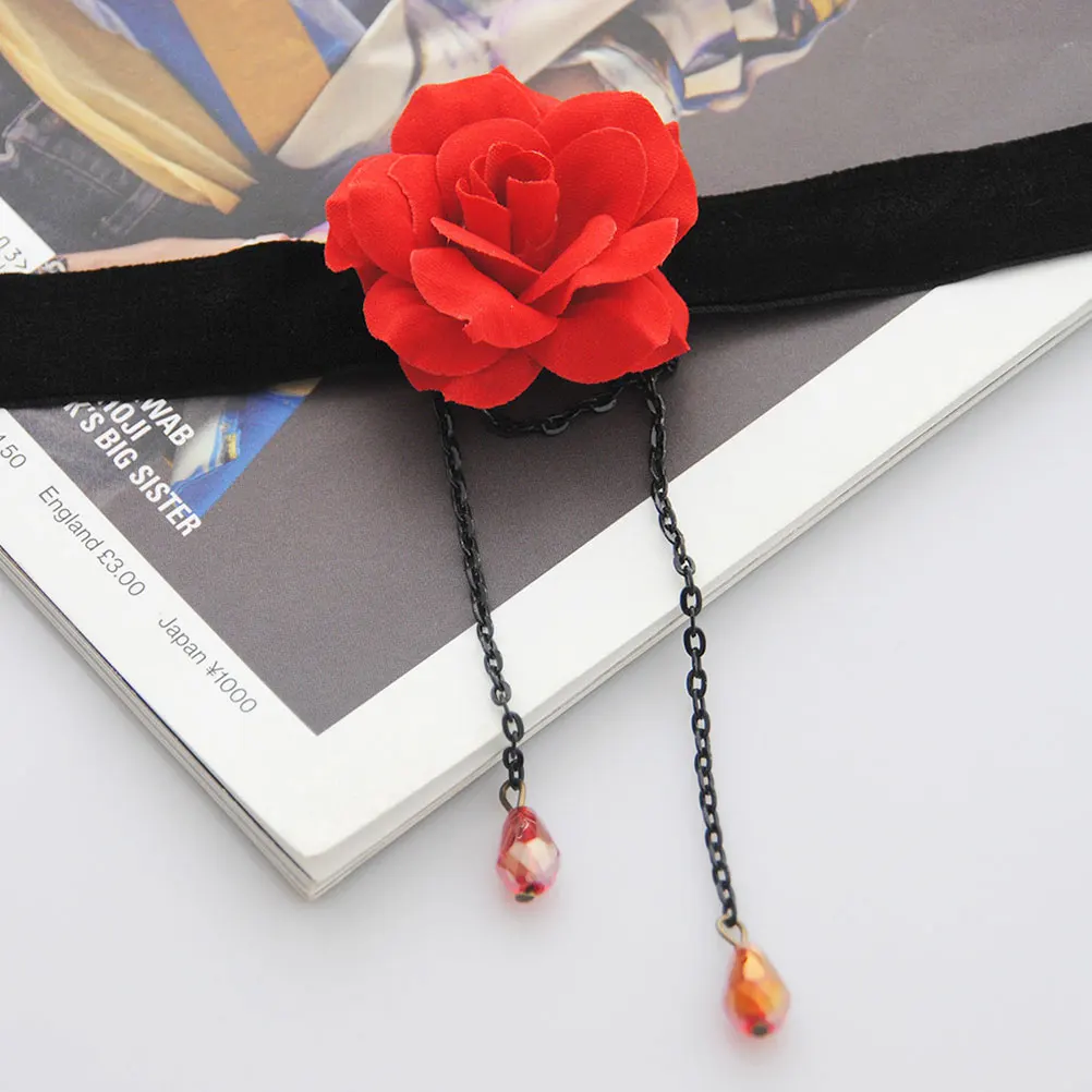 

2pcs Red Rose Band Neck Chain Clavicle Necklace Cloth Alloy Comfortable Women Choker Black Red Ribbon Rose Necklace Neck