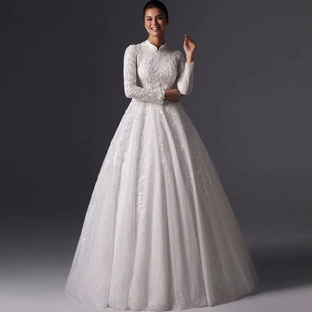 Customized 2025 Muslim High Collar A-line Wedding Dress Wrinkle Long Sleeve Lace Applique Bridal Dress Vintage Vestidos De Novia
