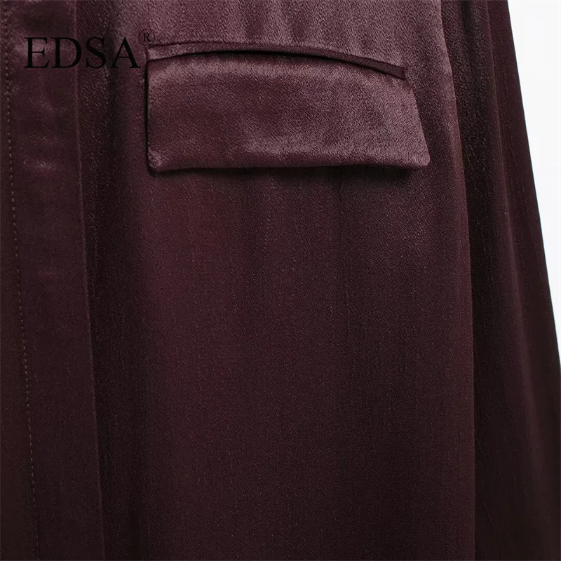 EDSA Women Satin Shirt with Double Flap Pockets Long Sleeves Rounded Asymmetric Hem Blouse Single Breasted Concealed Button-up