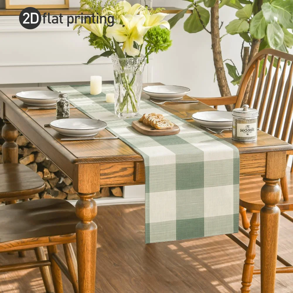 Light Green White Plaid Table Runner - French Country Style Table Cover for Kitchen Dining Coffee Table & Holiday Decor