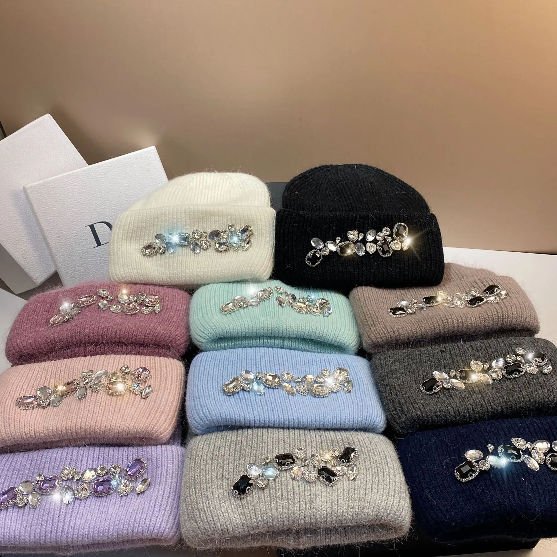 Real Rabbit Fur Knitted Hats for Women Luxury Shiny Rhinestones Winter Hat Casual Lady Warm Walking  Skullies Beanies Caps