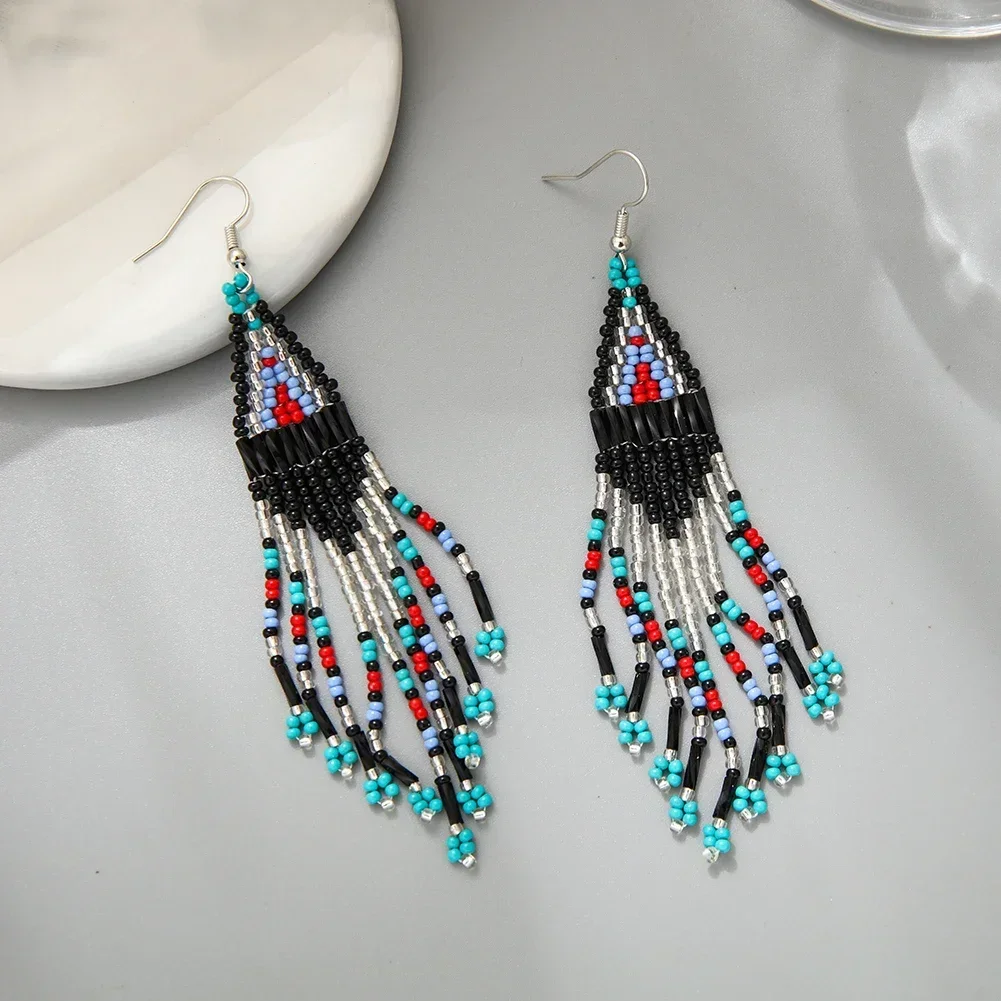 ZGMXR Bohemia Geometry Versatile Rice Bead Earrings - Hand Knitting Beaded Simple Fashion Colored Originality Tassel earrings