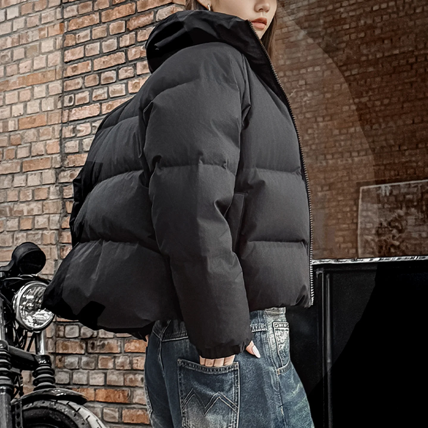 سترة نسائية من Maden بياقة واقفة 90% من ريش البط معطف منتفخ قصير بسحاب أمامي سميك ودافئ ملابس خارجية للشتاء