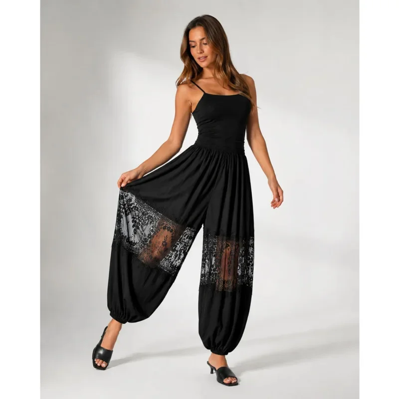 Black Lace Panel Balloon Pants For Women's High Waist Loose Cuffed Trousers Sheer Patchwork Baggy Long Pants Spring Summer Chic