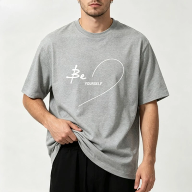 Male 100% Cotton Minimal Graphic T-Shirt  Text Single Line Heart Print Crew Neck Loose Short Sleeve Summer Daily Casual Tops