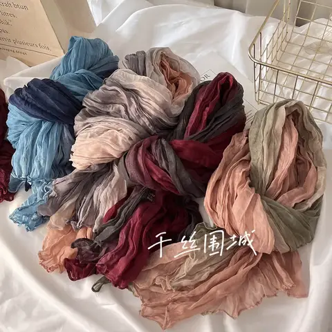 새로운 스카프 코튼 대마 그라데이션 블루 가을 겨울 레트로 다목적 인쇄 여성 긴 접는 목도리 부드러운 유행 트렌드